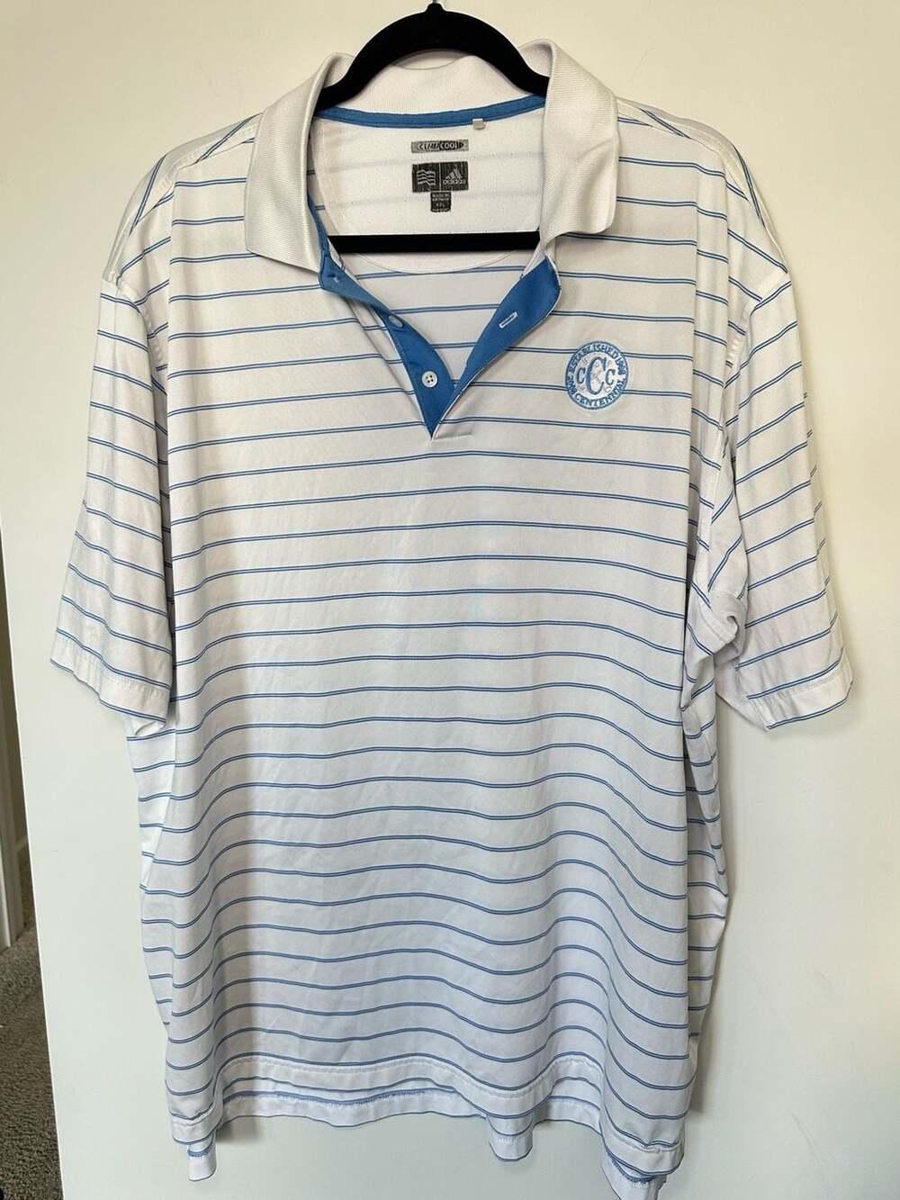 Adidas Climacool White and Blue Striped Centennial Golf Polo Shirt XXL